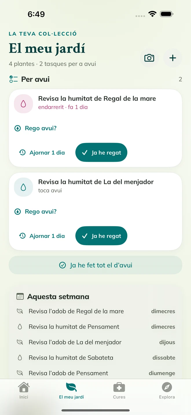 Pantalla real de FloraFlor: el meu jardí i recordatoris de cura