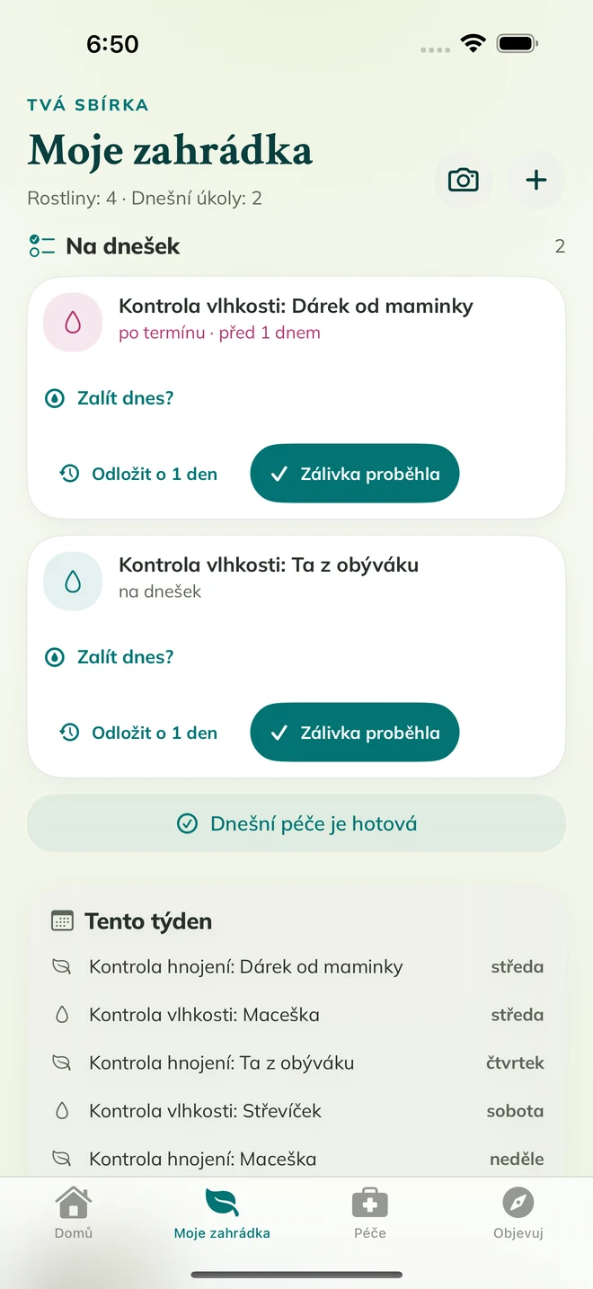 Skutečná obrazovka FloraFlor: Moje zahrádka a připomínky péče