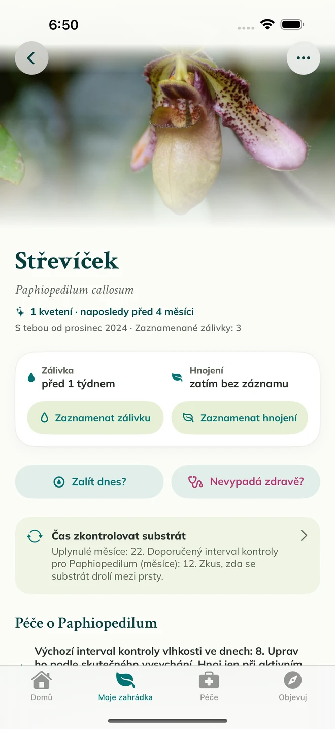 Záznam orchideje a deník v aplikaci FloraFlor