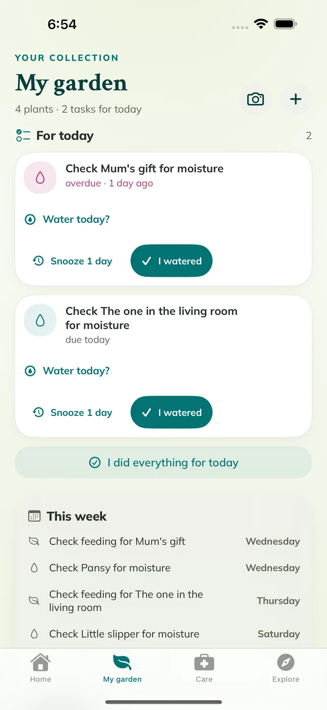 Actual FloraFlor screen: My garden and care reminders