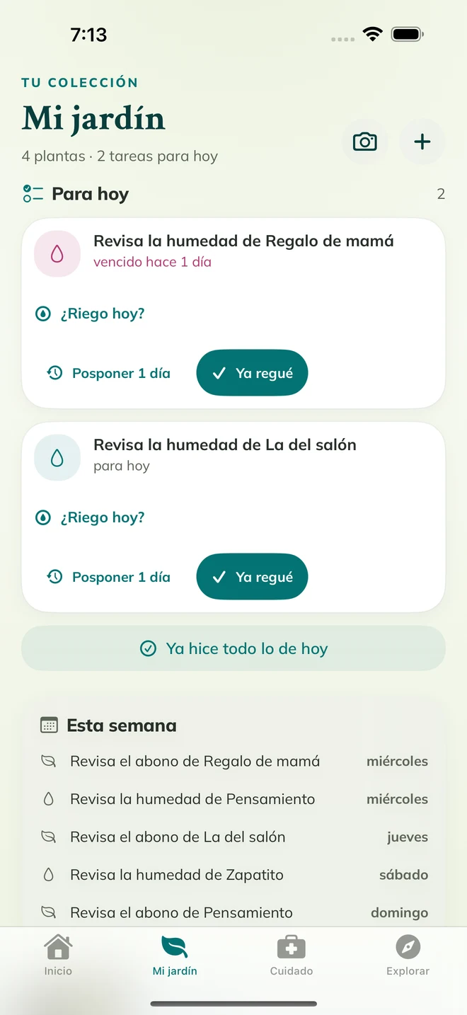 Pantalla real de FloraFlor: Mi jardín y recordatorios de cuidado