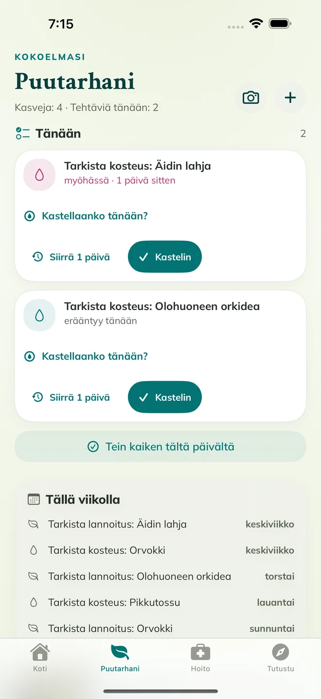 Aito FloraFlor-näkymä: Puutarhani ja hoitomuistutukset