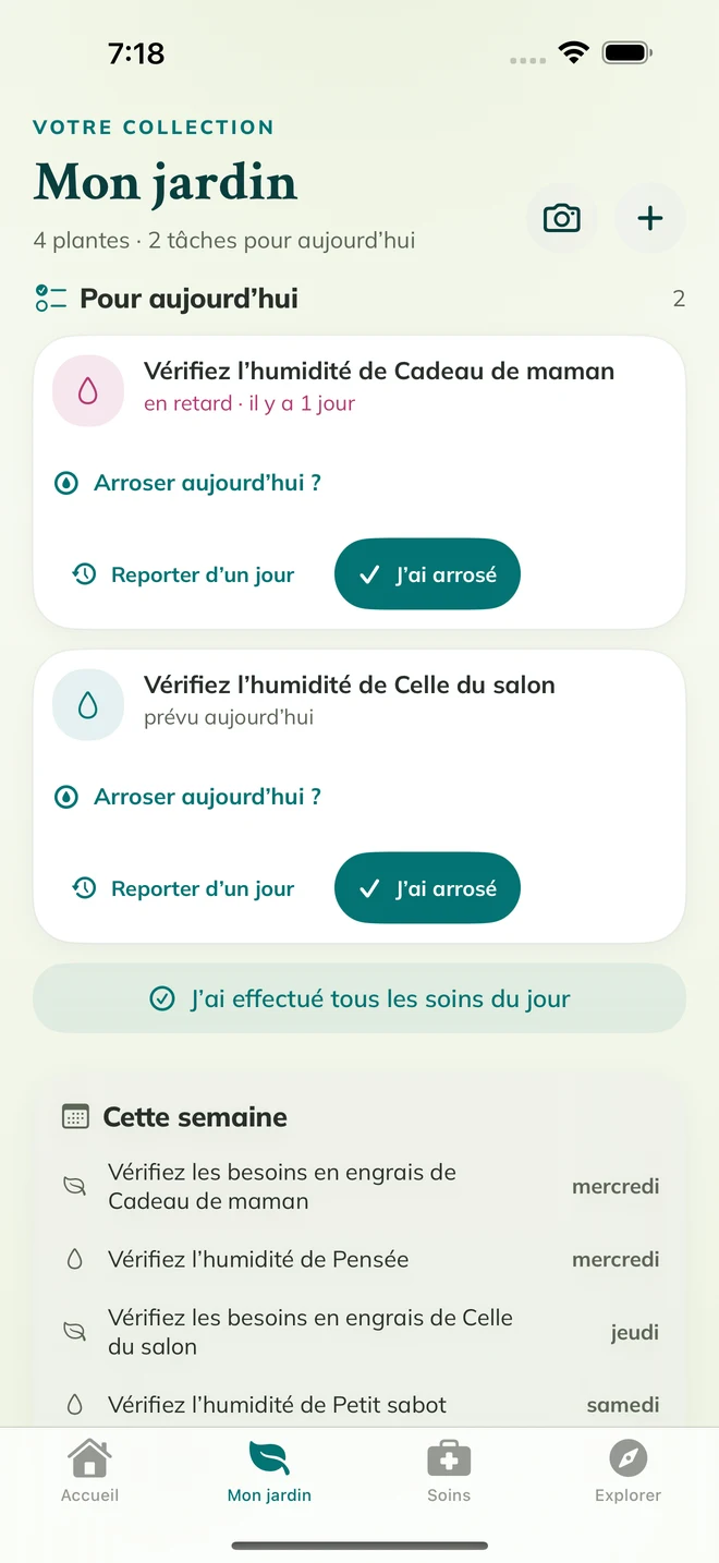 Écran réel de FloraFlor : Mon jardin et rappels de soins