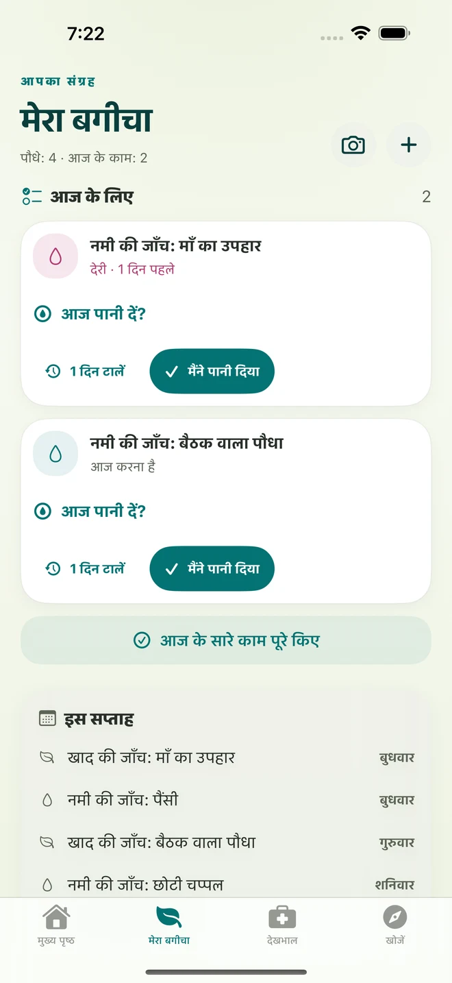 FloraFlor की वास्तविक स्क्रीन: मेरा बगीचा और देखभाल के संदेश