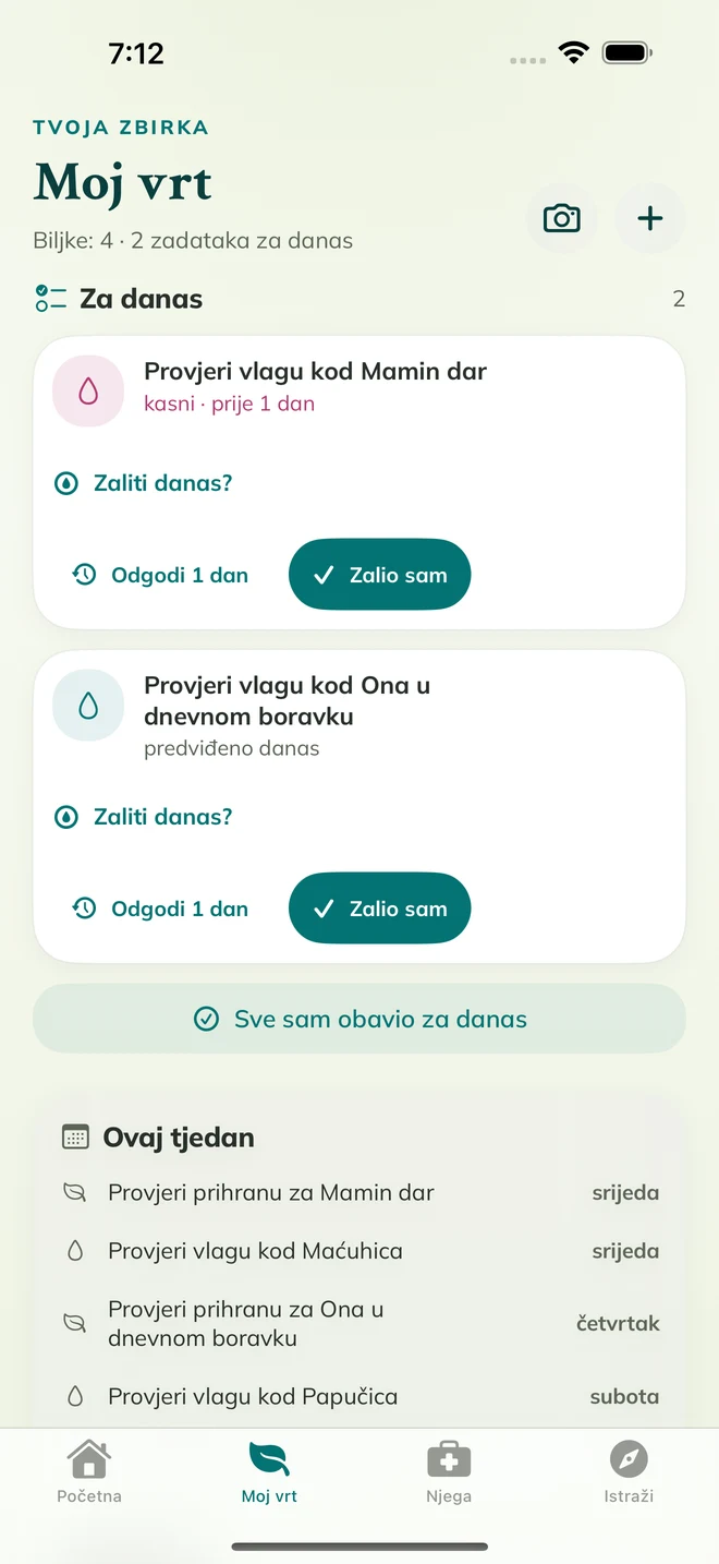 Stvarni zaslon aplikacije FloraFlor: Moj vrt i podsjetnici za njegu