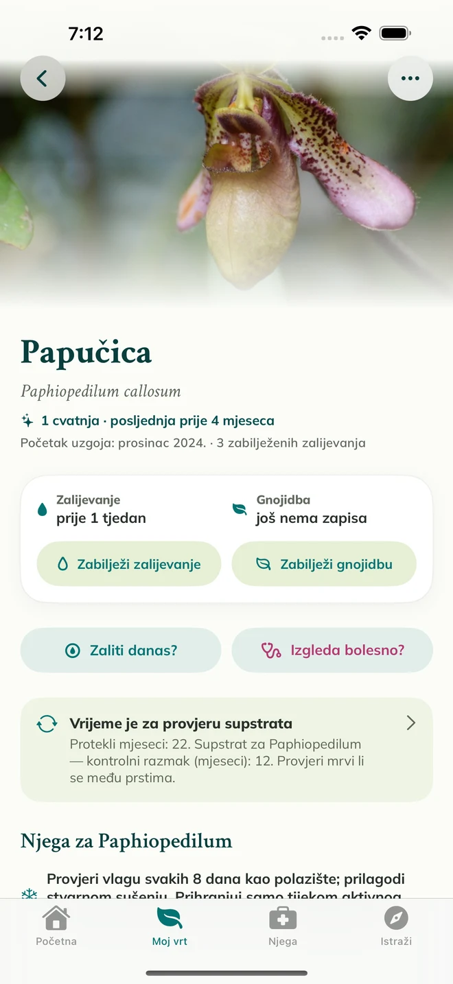 Zapis orhideje i dnevnik u aplikaciji FloraFlor