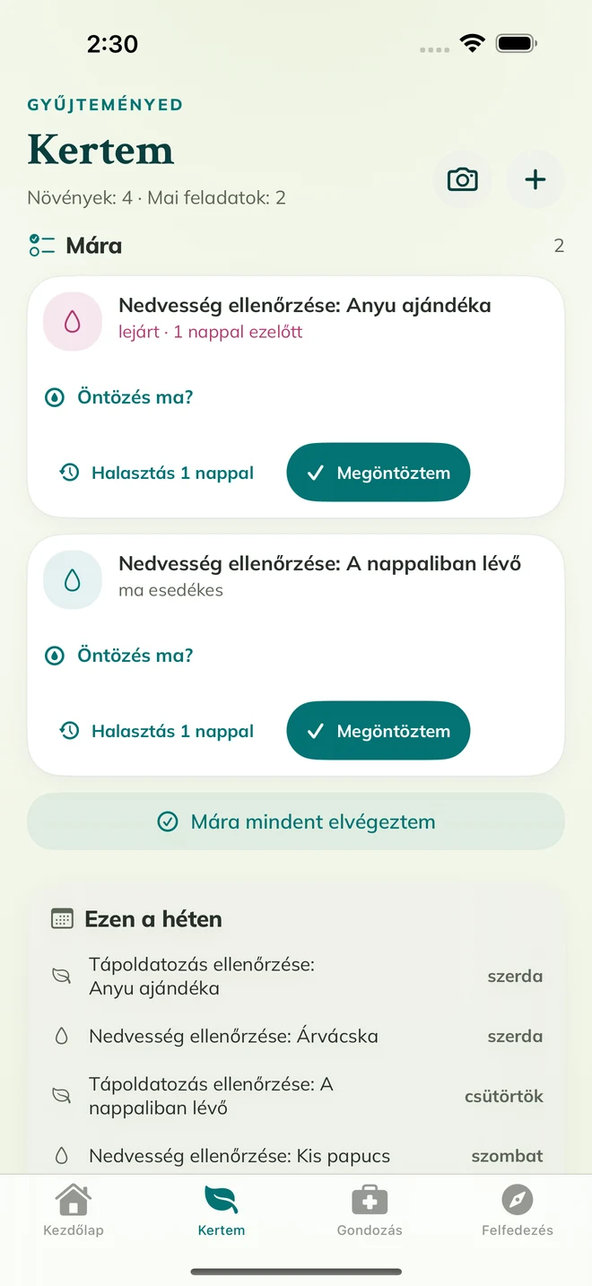 Valódi FloraFlor-képernyő: Kertem és gondozási emlékeztetők