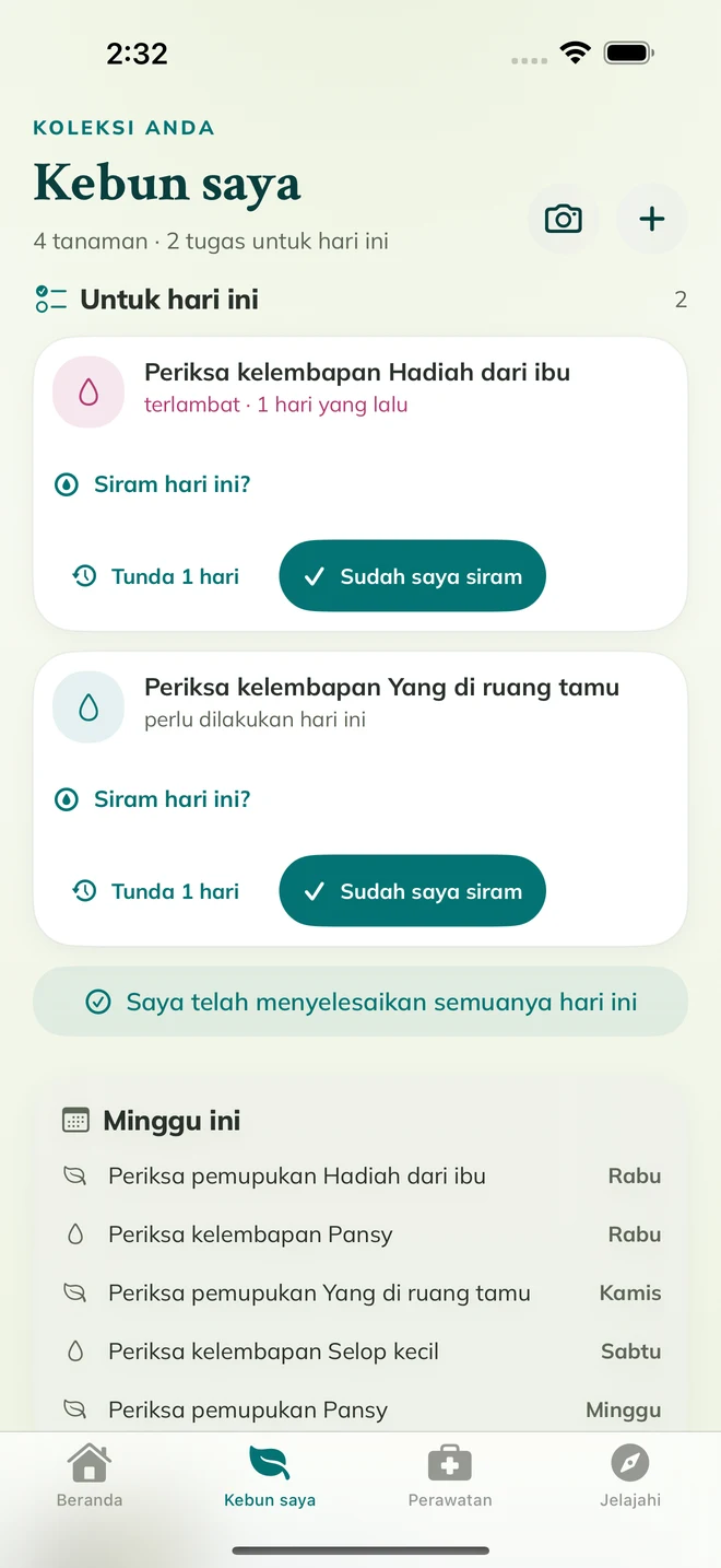 Layar FloraFlor asli: Kebun saya dan pengingat perawatan