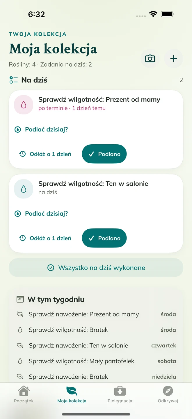 Rzeczywisty ekran FloraFlor: Moja kolekcja i przypomnienia o pielęgnacji