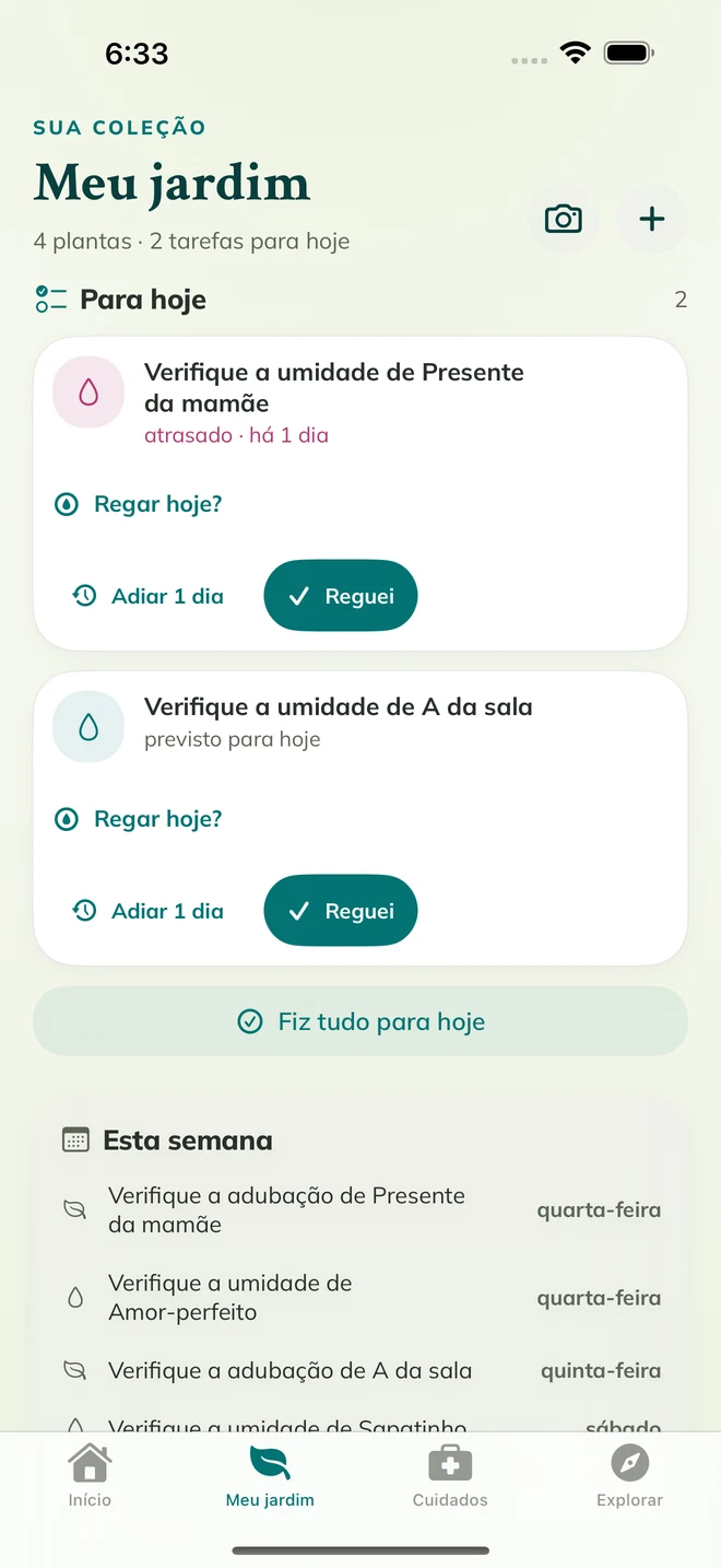 Tela real da FloraFlor: Meu jardim e lembretes de cuidados