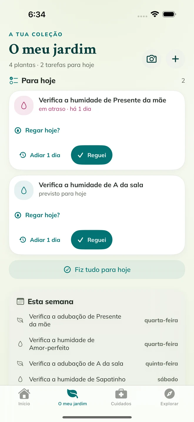 Ecrã real da FloraFlor: O meu jardim e lembretes de cuidados