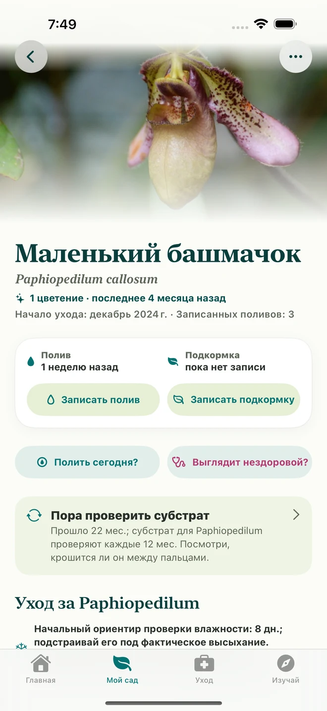 Карточка орхидеи и дневник во FloraFlor