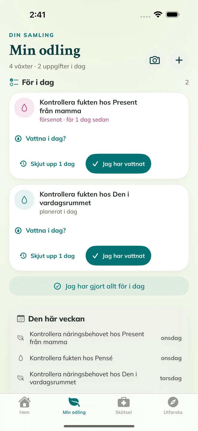 Verklig FloraFlor-skärm: Min odling och skötselpåminnelser