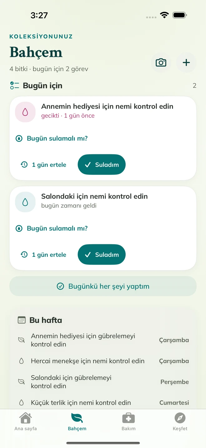 Gerçek FloraFlor ekranı: Bahçem ve bakım hatırlatıcıları